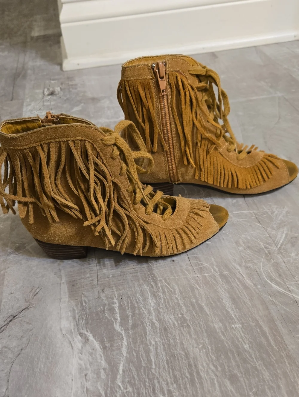 Joyfolie Kids Fringe Lace-Up Open Toe Heeled Sandals - Tan
